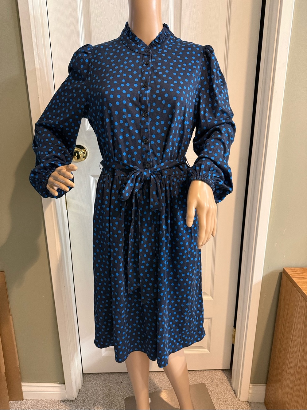 Boden Dress Womens 10R Blue Polka Dot Willow Frill Short Ruffle Belt - Picture 2 of 14